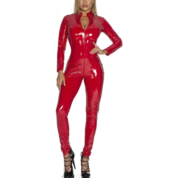 egy metallisk trikot för kvinnor Mesh främre bodysuit i läder Jumpsuit med kedjor Röd-flytande Stor