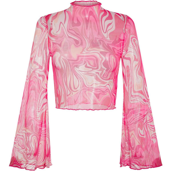 dusa Klockärm för kvinnor Salladskant Mock Neck Blommig Mesh Top Crop T-shirt Marmor Rosa X-Small