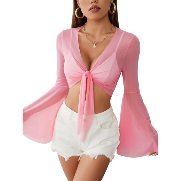 dusa Dam slips Front Bell Långärmad blus Sheer Mesh Crop Top Rosa Stor