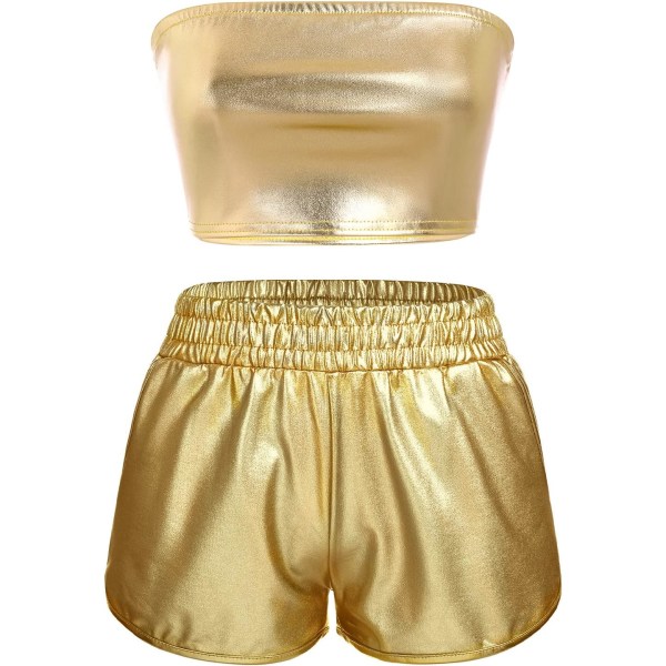 NSI Dam Sexig Holografisk Metallisk Bandeau Topp Axelbandslös Bikini Reflekterande Shiny Booty Shorts Hög midja Uppnosig Clubwea #Gold (Med Box Small