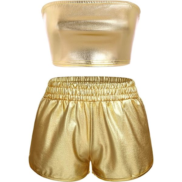 NSI Women Sexy Holographic Metallic Bandeau Top Strapless Bikini Reflective Shiny Booty Shorts High Waist Cheeky Clubwea #Gold (Med låda Stor