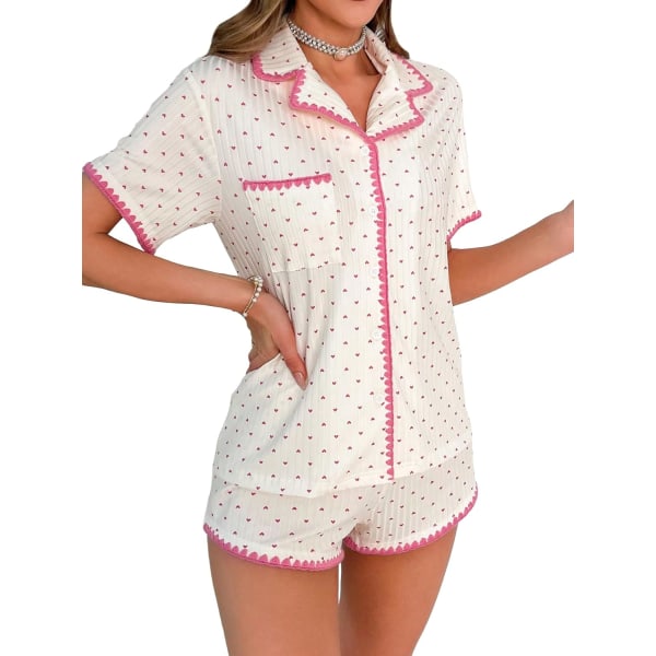dusa dam 2-delad knapp framtill kortärmad topp och kort nattkläder Pyjamasset Beige Large