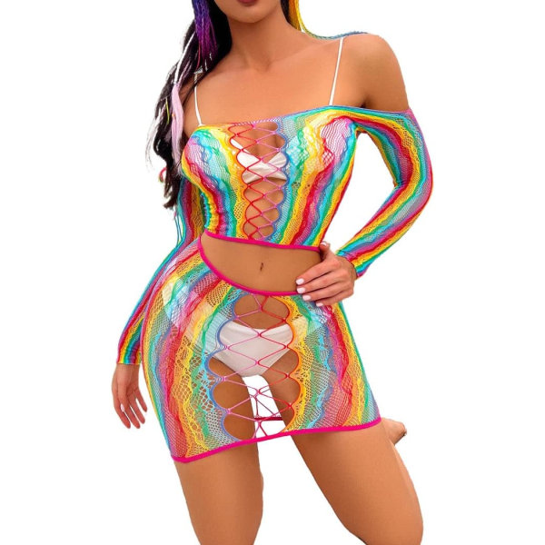 et Rainbow Fishnet Bodystockings Mesh Fishnet Body Elastisk Fishnet Underkläder Rave Party Body för kvinnor och flickor D-set 3