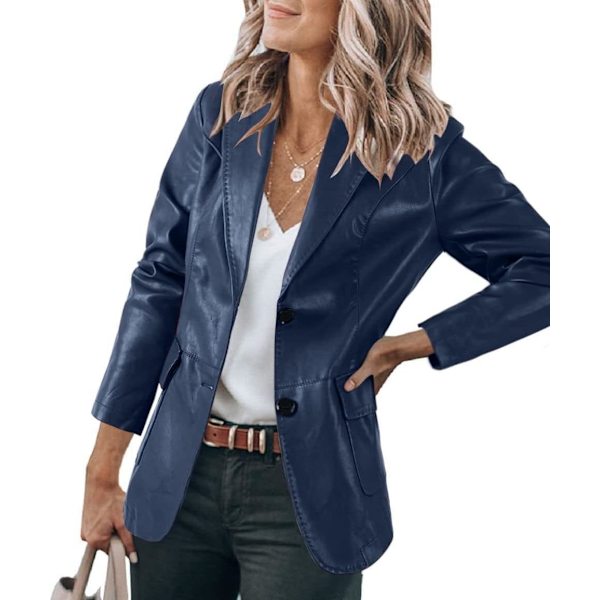 edvi Dam Fashion Faux PU Läder Motorcykel Biker Jacka Slim Coat Casual Kavaj Blazer Kostym Långärmad Knapp Ytterkläder Marinblå Stor