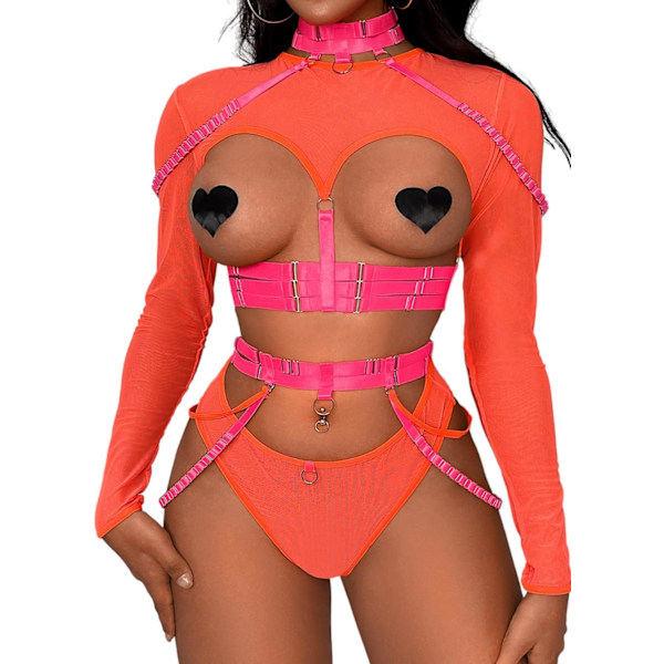 i&Shi Rave Outfit, Justerbar Strappy, Kontrastfärg, Choker, Kedjebälte Rosa 0-2