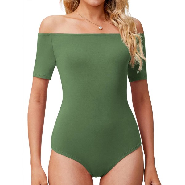 ALSI Dam Off Shoulder Bodysuit Kortärmad Slim Fit Casual Basic Body suit Toppar T-shirts Armégrön Medium