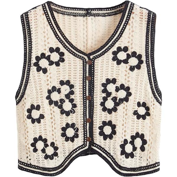 dusa Dam Button Front V-hals Ärmlös Rutig Stickad Tröja Väst Blomma Beige Medium