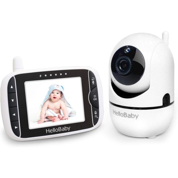 Per monitor, HelloBaby Video Baby Monitor med kamerafjärrkontroll Pan-Tilt-Zoom, 3,2-tums skärm, infrarött nattseende, tvåvägsljud, temperaturdisplay,