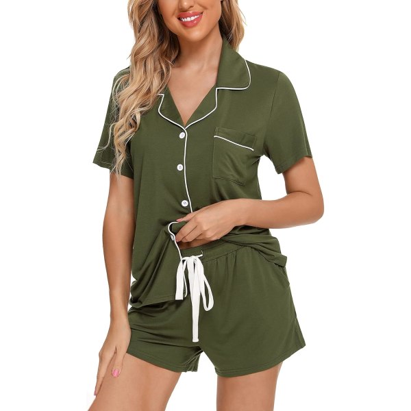 ng Dampyjamas med knapp och nedringning V-ringad kortärmad sovkläder Mjuka Pj-set S-XXL, A Style Byxor No B - Army Green (med shortsfickor) Large