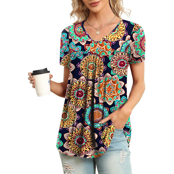 LASI Dam Sommartoppar V-hals Korta Ärmar Casual Skjorta Flytande Tunika Blus Blå Rund Flow XX-Large