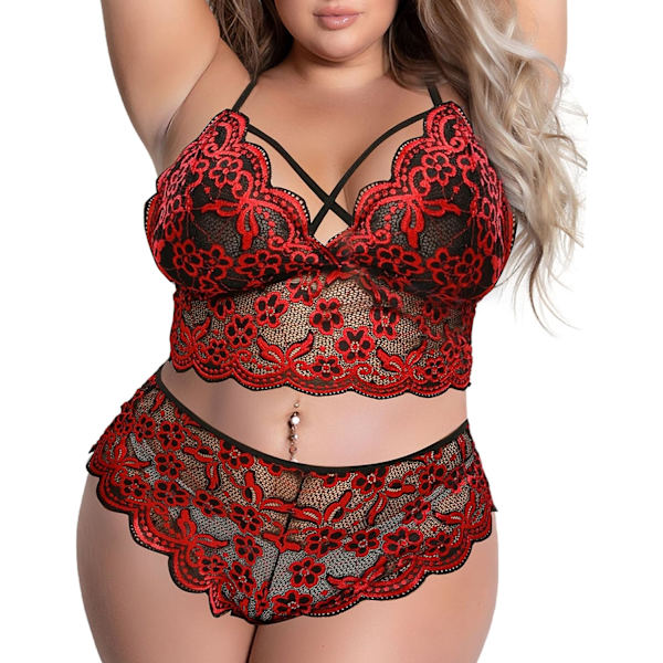 a Lust Plus Size Sexig Underkläder V-Ringning Hög Midja Blommig Spets Criss Cross Behå och Trosor 2 Delar Set Ingen Bygel Röd Stor