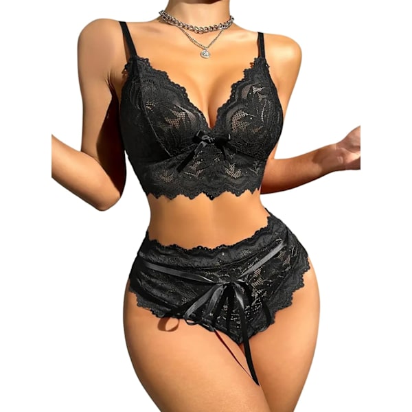 osy Kvinnor Sexig Strappy Push Up Strumpeband Lingerie Set Blommig Spets Sheer 3 Delar Slips Svart Liten