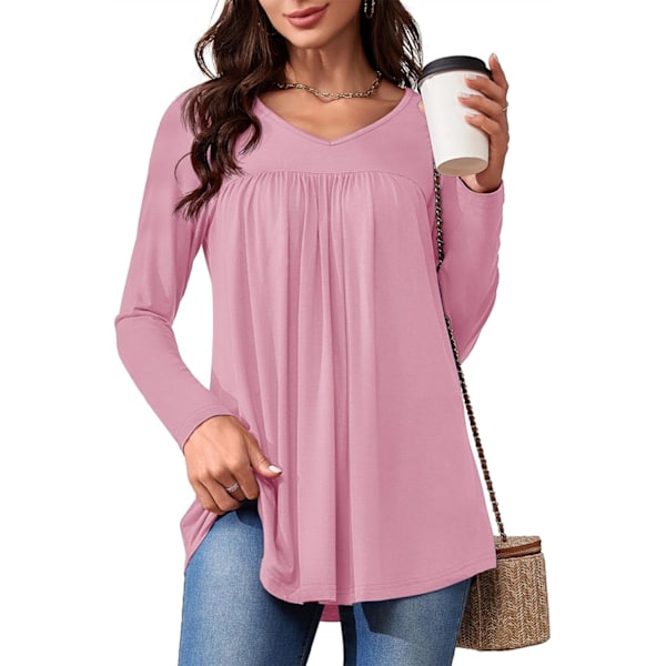 LASI Dam långärmad tunika toppar V-ringning casual dressy T-shirts lös passform att bära med leggings blusar höst toppar för kvinnor rosa medium
