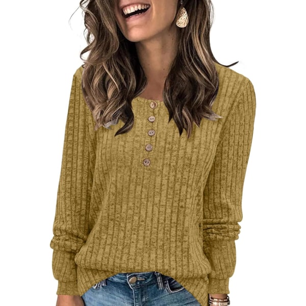 MOON Damkläder Lätt Tröjor 2024 Långärmad Henley Skjorta Höst Casual Crewneck Tunika Toppar Gul Liten