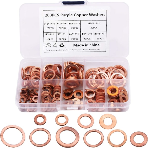 Cper-brickor - Miotlsy 9 storlekar O-ring kopparpackningar set platt ringtätningssats metriska tätningskopparbrickor med plastbox, för maskinutrustning