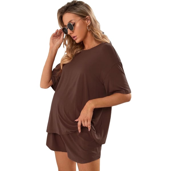 dusa Damkläder Graviditetspyjamas Set 2 Delar Drop Shoulder Topp och Korta Lounge Set Choklad Brun X-Large
