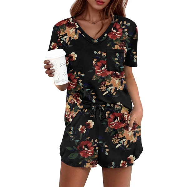 MOON Damkläder Pyjamas Set 2 Delar Lounge Set Söt Kort Pyjamas Med Ficka Sovkläder Brun Blommig Bl XX-Large