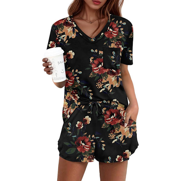 MOON Damkläder Pyjamas Set 2-delat Lounge Set Söt Kort Pyjamas Med Ficka Sovkläder Brun Blommig Bl Large