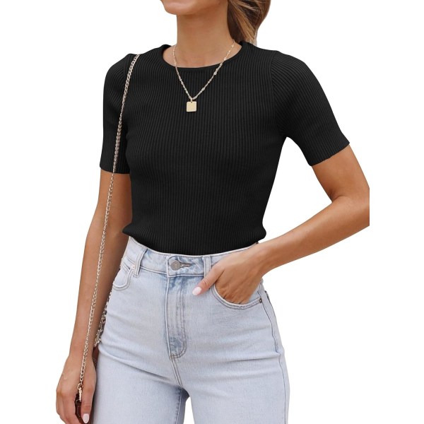 Kvinnors kortärmad rundhalsad ribbad stickad slim fit T-shirt 2023 sommar casual enfärgad topp svart X-Large