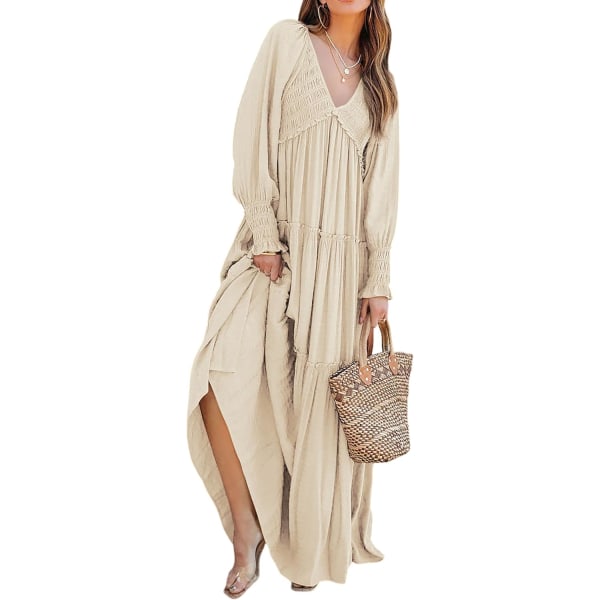 ivimos Maxiklänning för kvinnor Långärmad V-hals Empire Midja Layered Ruffle Boho Casual Flowy Långa Klänningar Beige Medium