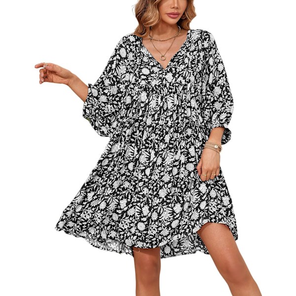 ivimos Dam Sommar V-hals Casual Klänningar Lykta Ärm Boho Blommig Tryck Lös Flytande Miniklänning Svart X-Large