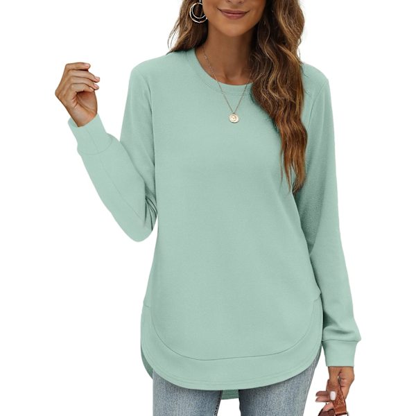 EFAN Damtröja Crewneck Långärmad tröjor för kvinnor Hög Låg Toppar Kurvad Fåll 14-turquesa Liten