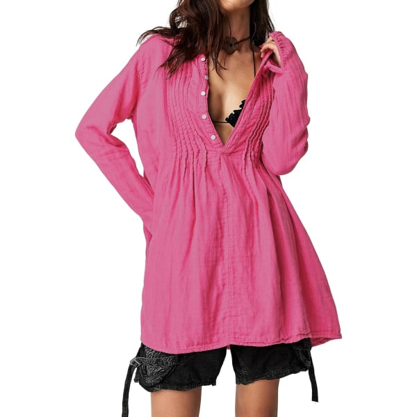 ivimos tunikaklänning för kvinnor Höst bomull med knappar långa ärmar Casual miniskjortaklänning Hotpink Medium
