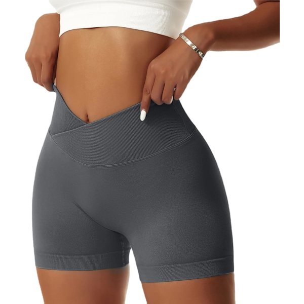 ie Dam GYM Shorts V Cross Elastisk Push Up Yoga Shorts Booty Scrunch Hög Midja Atletiska Leggings Mörkgrå X-Small