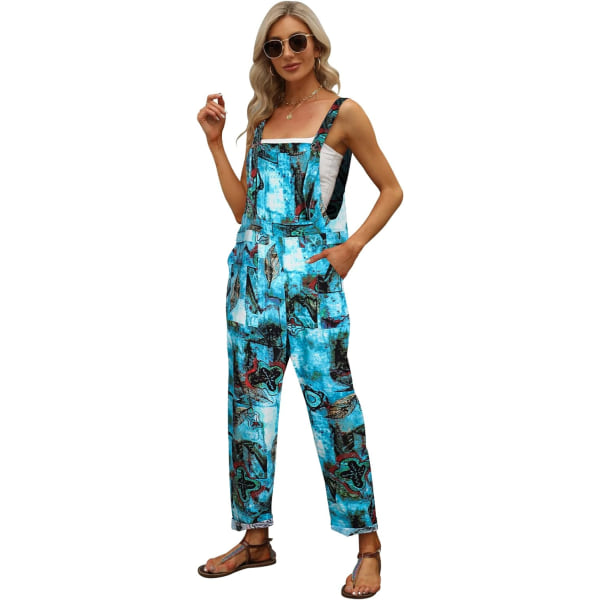 Dammode Baggy lös linneoverall Jumpsuit Oversized Casual ärmlösa byxor med fickor Blommig-blå Stor