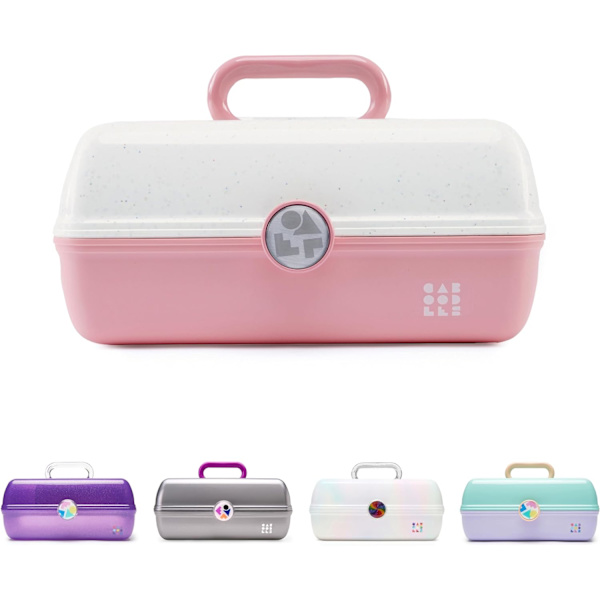 oodles On-The-Go Girl Makeup Box, Hot Pink Sparkle, Hård Plast Makeup Organizer Box, Inbyggd Spegel, Säker Spärr för Säker Resa, Rymlig Förvaring