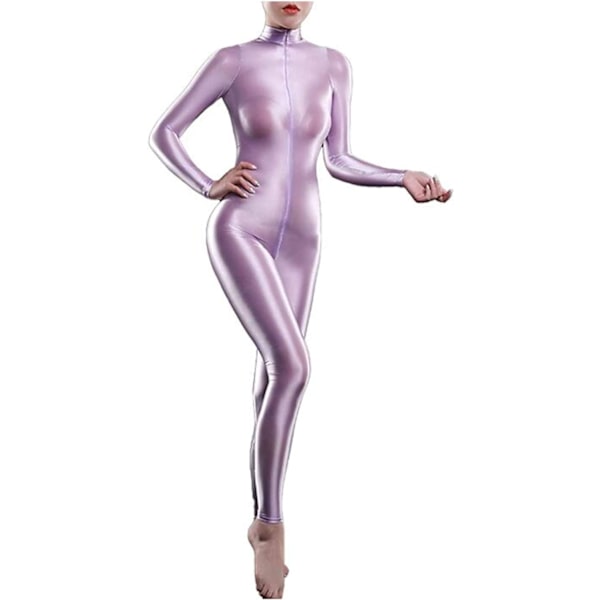 an's Sheer Shiny Bodystocking yoga Lingerie Hög Hals Långärmad Dragkedja Gren Bodysuit Catsuit Lavendel Medium
