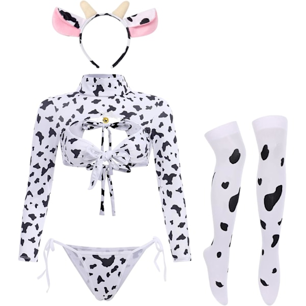 Sexig mjölkko-lingerie set Anime Maid Cosplay-dräkt Mini Bikini BH Body med klocka Choker Strumpor Outfit Z - Ko Lång Sl En Storlek