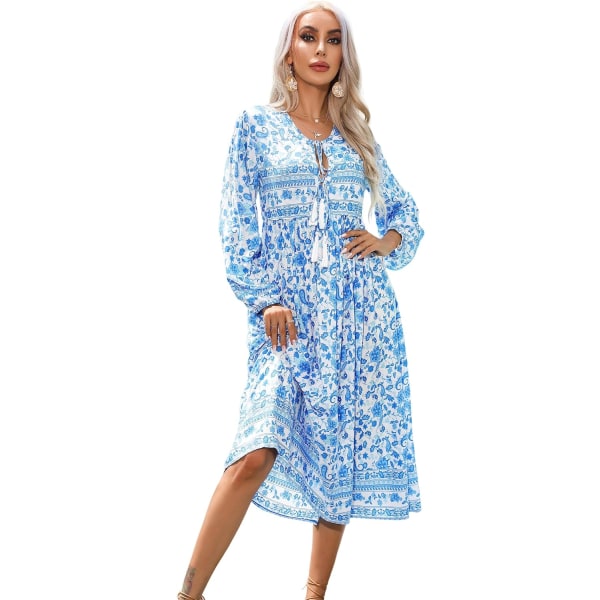 ivimos Dam långärmad blommig retro V-ringning tofs casual bohemisk midiklänningar azurblå medium