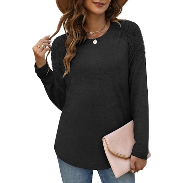 EFAN Dam T-shirt Tunika Långärmad Tröjor Rund Hals Sweatshirt Böjd Fåll 01-svart XX-Large
