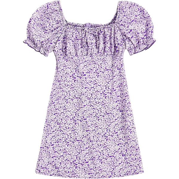 dusa Flickor Blommig Tryck Puffärm Kvadrat Hals Shirred Swing A Linje Klänning Lila 9 År