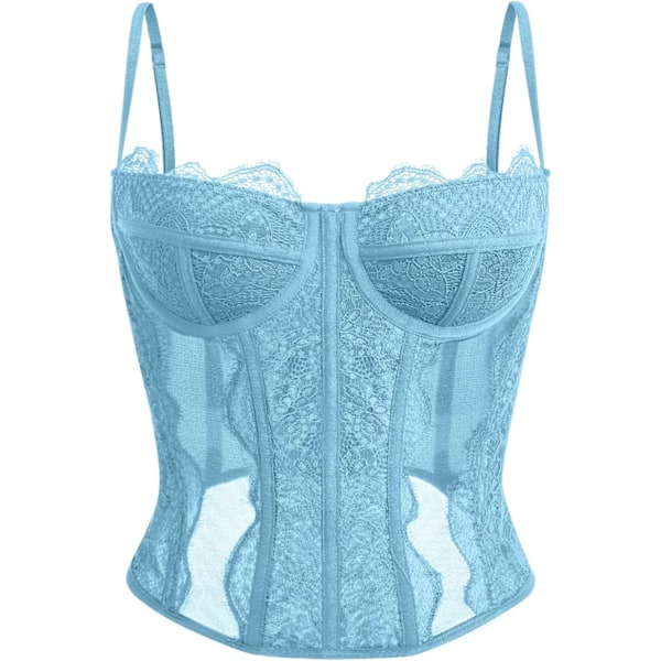 lmore Dam Sommar Spets Bustier Mesh Sexig Vintage Spaghetti Rem Öppen Rygg Benad Korsett Utgående Fest Crop Top Ljusblå X-Small