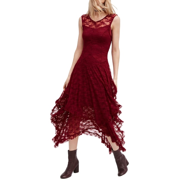ivimos Dam ärmlös rygglös asymmetrisk skiktad spets lång klänning med halkskydd två delar vinröd medium