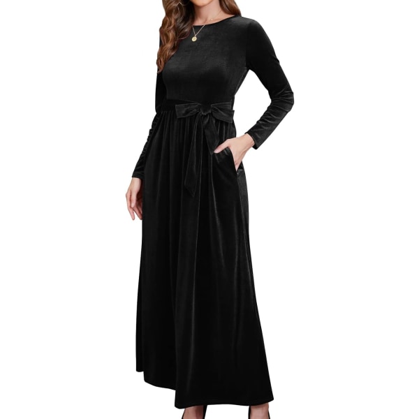 MOON Damkläder Jul Långärmad Sammet Vinter Formella Klänningar Elegant Höst Maxi Festklänning 1#svart XX-Large