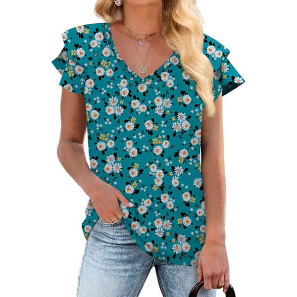 MOON Damkläder Casual Toppar Sommar Volang Korta Ärmar Tunika V-Ringning Lös Passform Flytande T-shirts Daisy Turkos X-Large