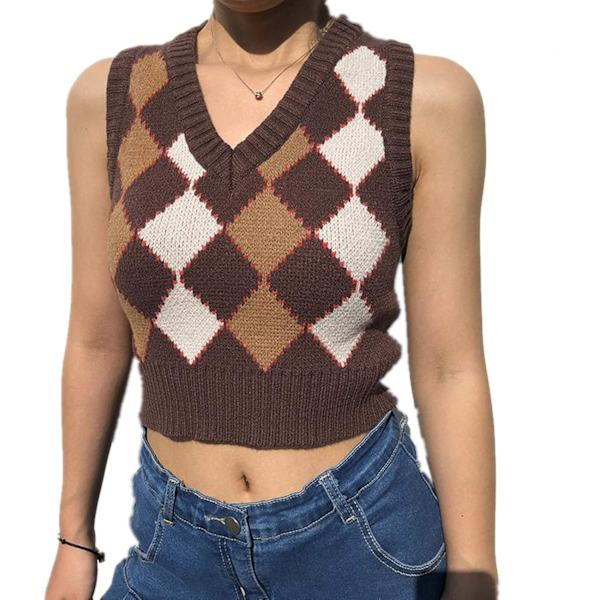 pels Argyle tröja väst kvinnor y2k rutig stickad streetwear preppy stil V-ringad beskuren stickad skoltröja för flicka