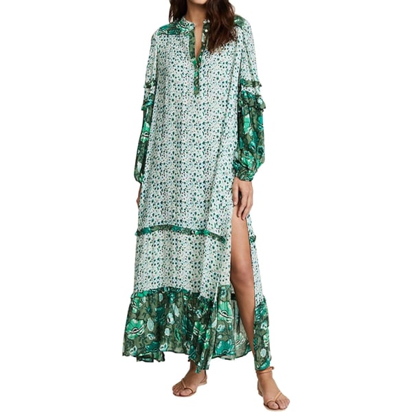 ivimos Långärmade, print, bohemiska maxiklänningar för kvinnor med slits, grön medium