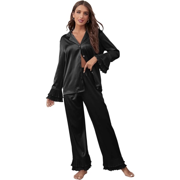 dusa Dam satin krage blus och volang fåll byxor pyjamas set svart liten