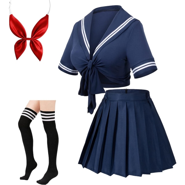 anese Anime Schoolgirl Classic Sailor JK Harajuku Crop Top Tie up Plisserad kjol Uniform Seifuku Strumpor Rosett Set Navy XX-Large