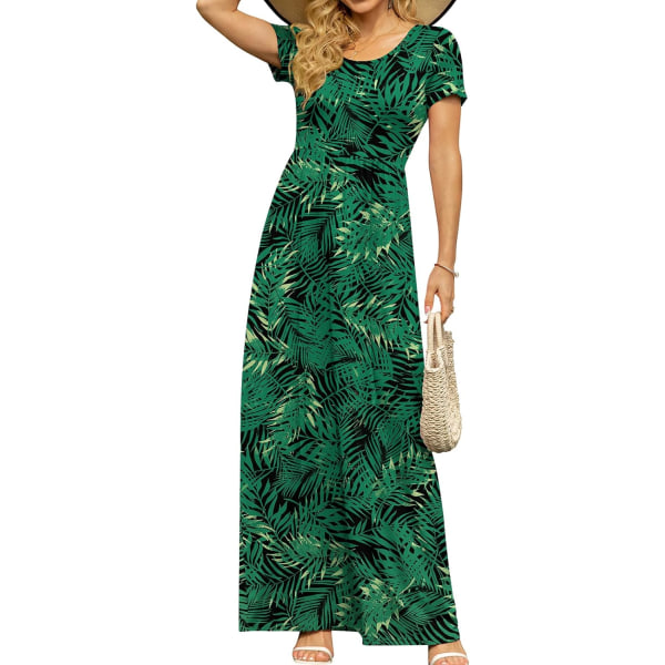 MOON kortärmade maxiklänningar för kvinnor Casual Empire Midja Lång klänning med fickor Green Leaf Blac XX-Large