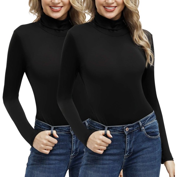 acks Dam långärmad svart mock turtleneck pullover stretch slim lager topp svart XX-Large