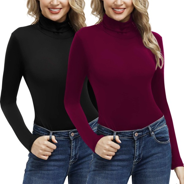 2-pack dam långärmad svart mock turtleneck pullover stretch slim lager topp