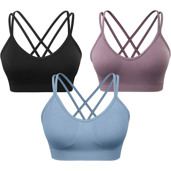NG Sport-BH för kvinnor med korsrygg, vadderad, med remmar, medium stöd, yogabh för träning och fitness, 3-pack (svart+blå+lila), small