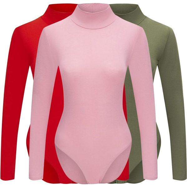 e to Live Dam 3-pack långärmade mock turtleneck-bodysuits med tryckknappar Oliv, Röd, Ros Small
