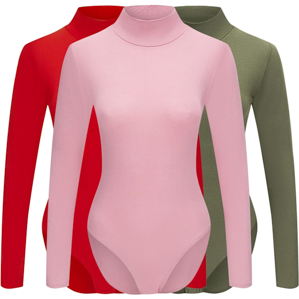 e to Live Dam 3-pack långärmade mock turtleneck-bodysuits med tryckknappar Oliv, Röd, Ros Storlek