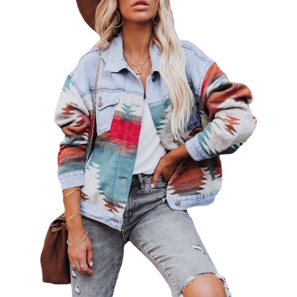 arer Dam Denim Aztec Jacka Krage Långärmad Vintage Knäppning Denim Jacka Blå Stor